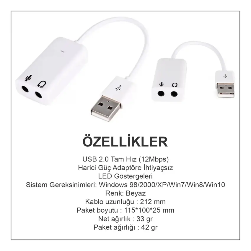 USB 2.0 Kablolu 7.1 Kanal 3.5mm Jack Dönüştürücü Harici Usb Ses Kartı SESUSBW