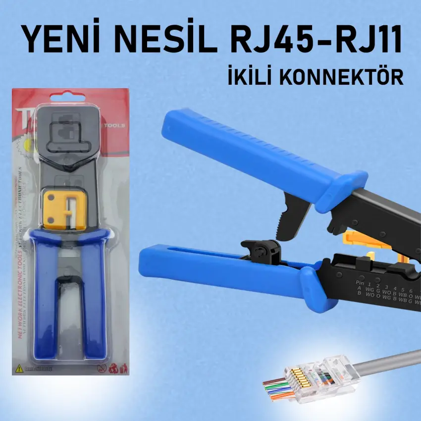Yeni Nesil RJ45 - RJ11 İkili Connector  - Cat5 Cat6 Ağ Network Telefon Kablosu Pensesi
