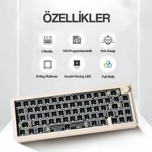 CIDOO ABM067 Nebula Esports RGB Mekanik 3 Mode Kablosuz Klavye KİTİ (PEMBE)
