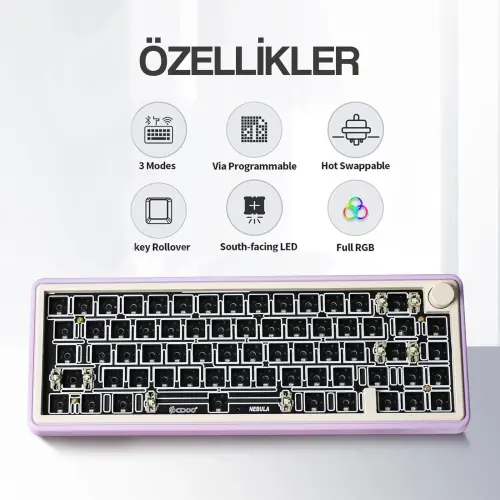 CIDOO ABM067 Nebula Esports RGB Mekanik 3 Mode Kablosuz Klavye KİTİ (MOR)