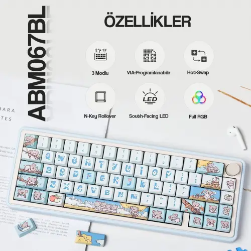 CIDOO ABM067 Nebula Esports RGB Mekanik 3 Mode Kablosuz Klavye (MAVİ)