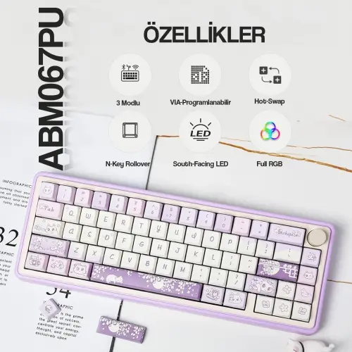 CIDOO ABM067 Nebula Esports RGB Mekanik 3 Mode Kablosuz Klavye (MOR)