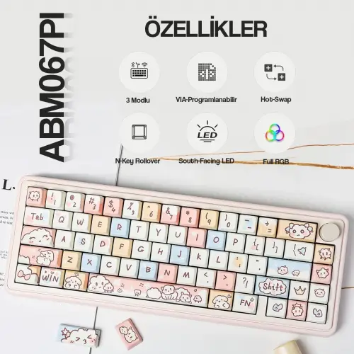 CIDOO ABM067 Nebula Esports RGB Mekanik 3 Mode Kablosuz Klavye (PEMBE)