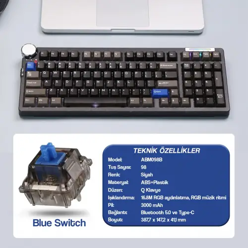 CIDOO ABM098 Esports RGB Mekanik 3 Mode Kablosuz Klavye (SİYAH)