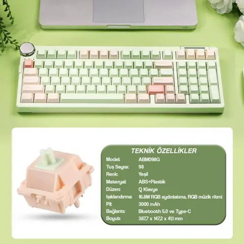 CIDOO ABM098 Esports RGB Mekanik 3 Mode Kablosuz Klavye (YEŞİL)
