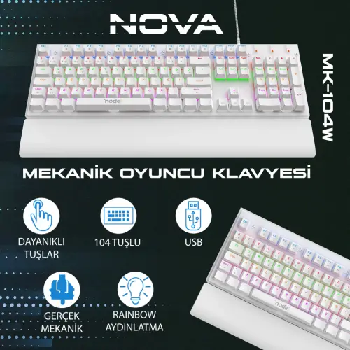 Node Game Nova ND-MK-104WB Mekanik Rainbow Işıklı Klavye Beyaz (Blue Switch)