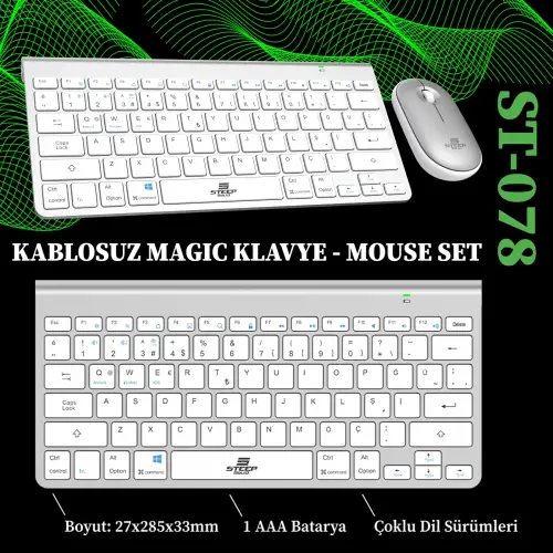 Steep Solid ST-078 Kablosuz Türkçe Klavye - Mouse Set (Gümüş)