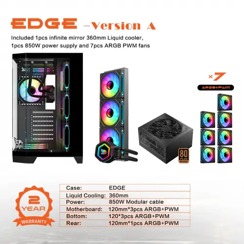 Gameagle Edge 7 Argb Fanlı Oyuncu Pc Kasası 850W 80+ Plus Bronz Modüler Powerlı Sıvı Soğutmalı (Siyah)