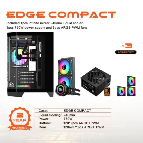 Gameagle Edge Compact 3 Argb Fanlı Gamer Bilgisayar Kasası 750W 80+ Plus Bronz Powerlı Sıvı Soğutmalı (Siyah)
