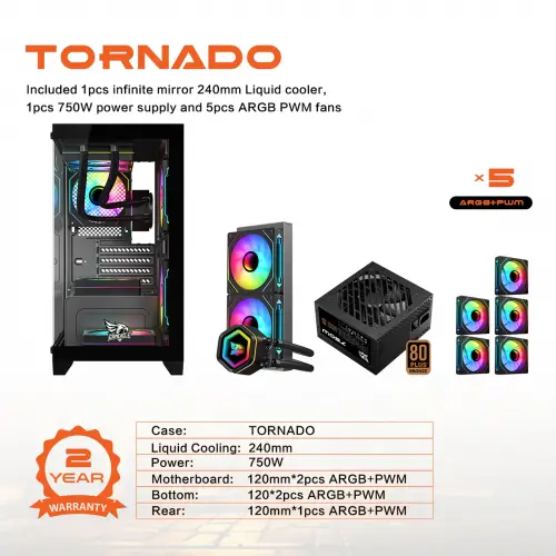Gameagle Tornado 5 Argb Fanlı Gamer Pc Kasası 750W 80+ Plus Bronz Powerlı Sıvı Soğutmalı (Siyah)