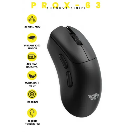 Gameagle Prox-63 Kablosuz + Bluetooth + 2.4G + Kablolu Ultra Hafif 63gr 12800DPI Oyuncu Mouse Siyah