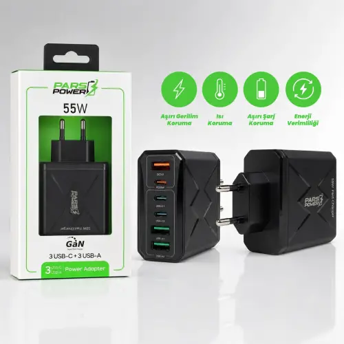 Pars Power 55W Çoklu 6 Çıkış Hızlı Pd - Gan Adaptör Şarj Aleti-Cihazı