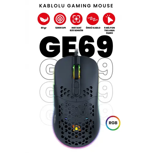 Gameagle GE69B Ultra Hafif Kablolu RGB Oyuncu Gaming Optik Mouse (Siyah)