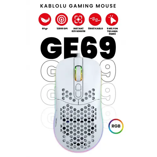 Gameagle GE69W Ultra Hafif Kablolu RGB Oyuncu Gaming Optik Mouse (Beyaz)