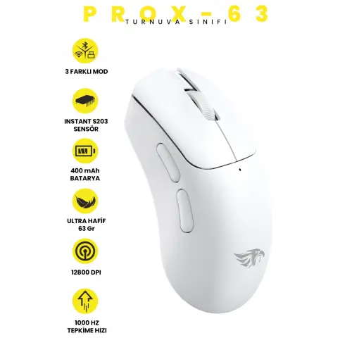 Gameagle PROX-63W Serisi Hafif Kablosuz 3 Mode Oyuncu Gaming Optik Mouse (Beyaz)