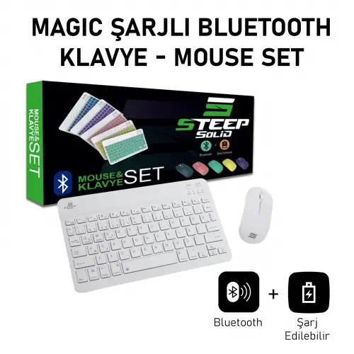 Steep Solid Magic Şarjlı Bluetooth Klavye - Mouse Set (Beyaz TR) STEEPKM1W