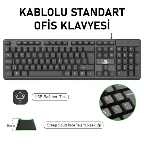 Steep Solid ST-01 Kablolu Standart Ofis Klavyesi - Türkçe Q Klavye