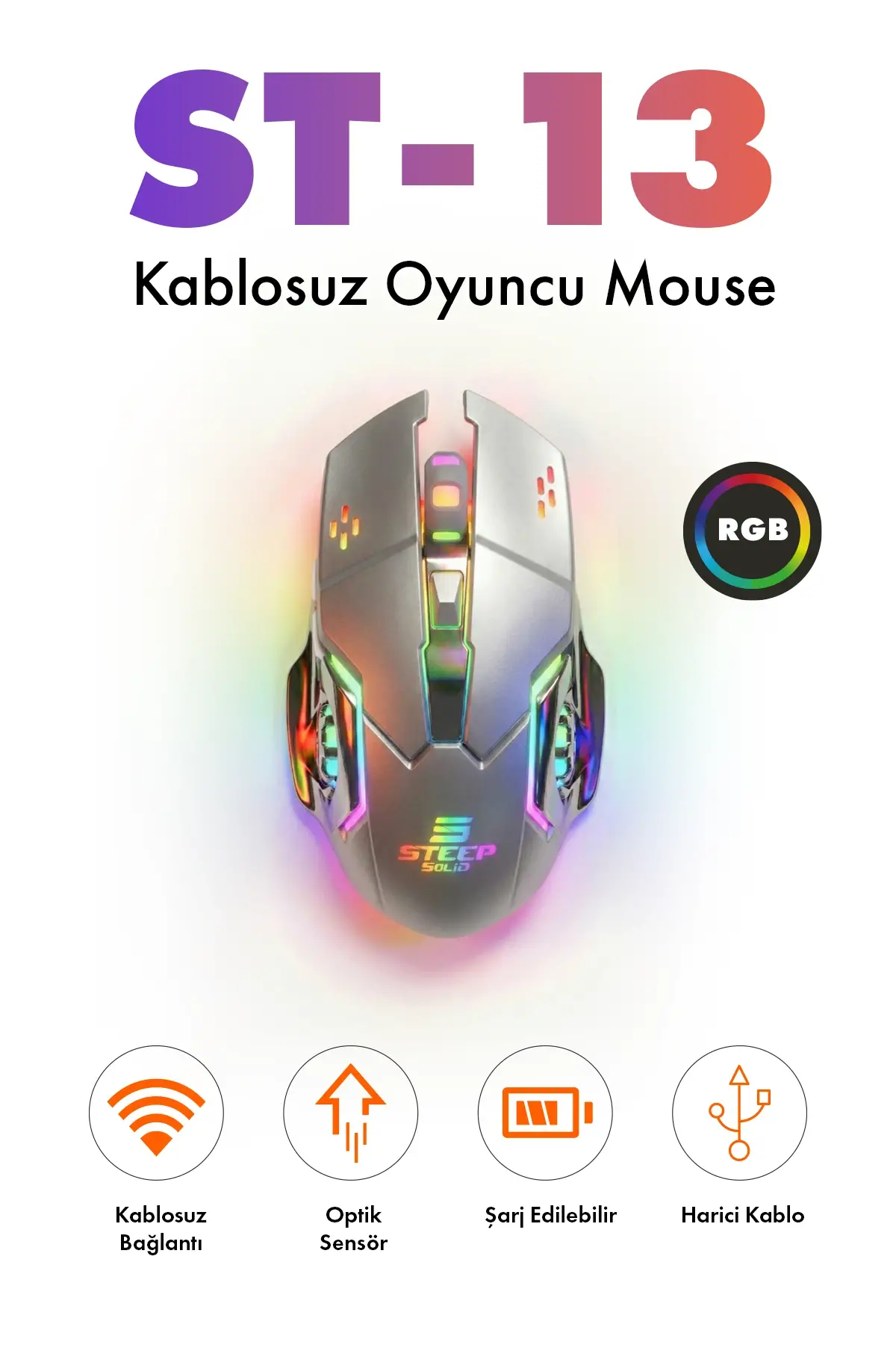 Steep Solid ST-13G Kablolusuz - Wiriless Şarjlı RGB Gaming Oyuncu