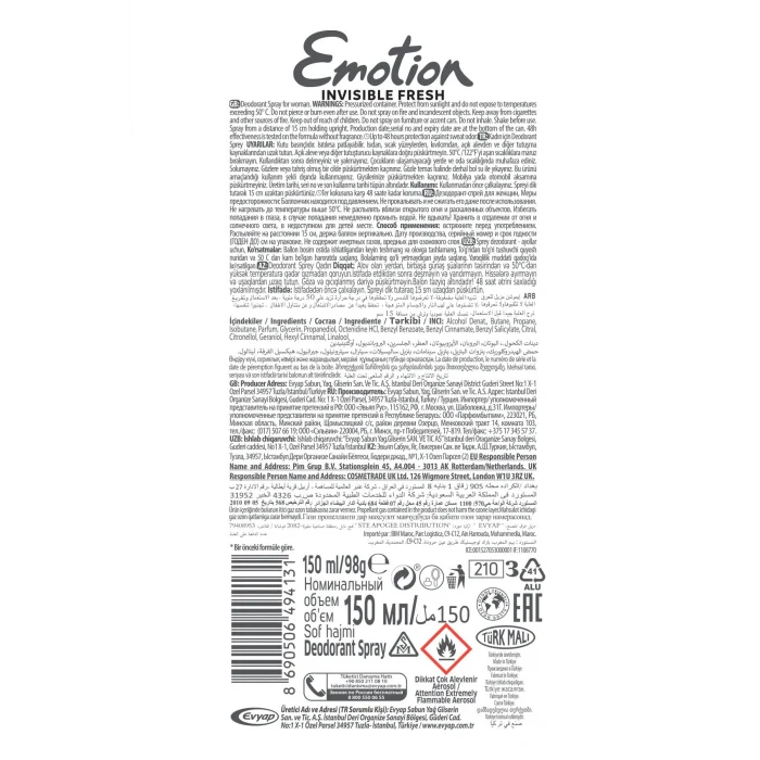 3 Adet Emotion Invisible Fresh Black & White Kadın Deodorant 150ml Vegan, Leke Bırakmaz