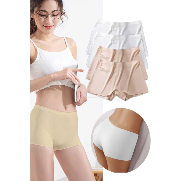 4 Adet Kadın Dikişsiz Görünmez İz Yapmaz Mini Şort Boxer Beyaz Ten