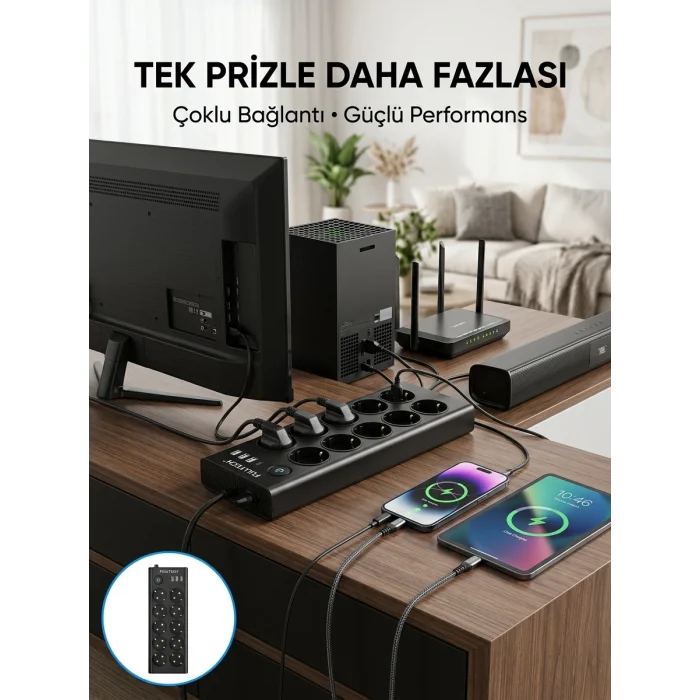 Mey İthalat® 10 Prizli USB Destekli Çoklu Priz Type-C Şarj Girişli Güvenli Güç Ünitesi