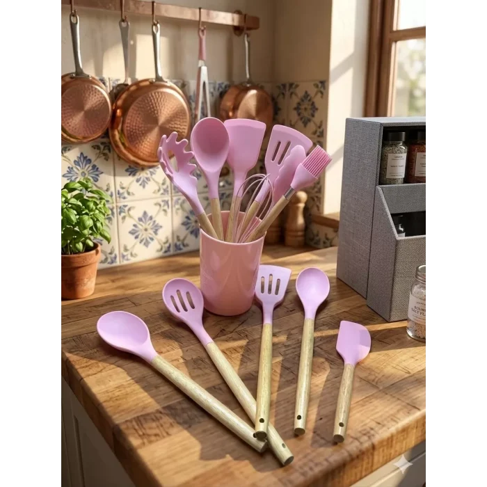 Mey İthalat® 12 Parça Bambu Saplı Silikon Mutfak Gereçleri Seti - Pembe Mutfak Servis Seti
