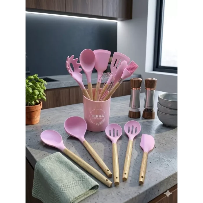 Mey İthalat® 12 Parça Bambu Saplı Silikon Mutfak Gereçleri Seti - Pembe Mutfak Servis Seti