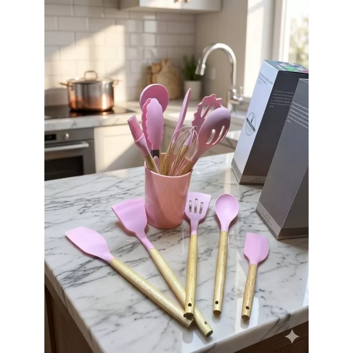 Mey İthalat® 12 Parça Bambu Saplı Silikon Mutfak Gereçleri Seti - Pembe Mutfak Servis Seti