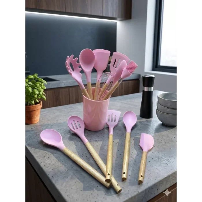 Mey İthalat® 12 Parça Bambu Saplı Silikon Mutfak Gereçleri Seti - Pembe Mutfak Servis Seti