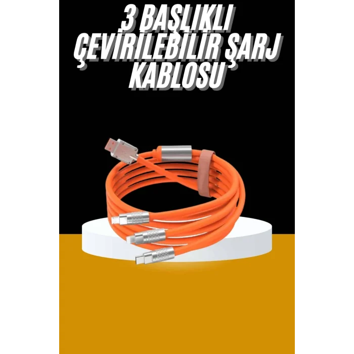 Mey İthalat® 120W 3 İn 1 Uyumlu Silikon Şarj Kablosu Hızlı Şarj Kablosu