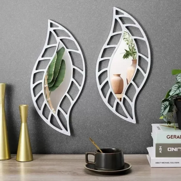 Mey İthalat® 2li Set Kırılmaz Pleksi Dekoratif Duvar Aynası - 20x35 cm Yaprak Formlu 1. Sınıf Akrilik Ayna