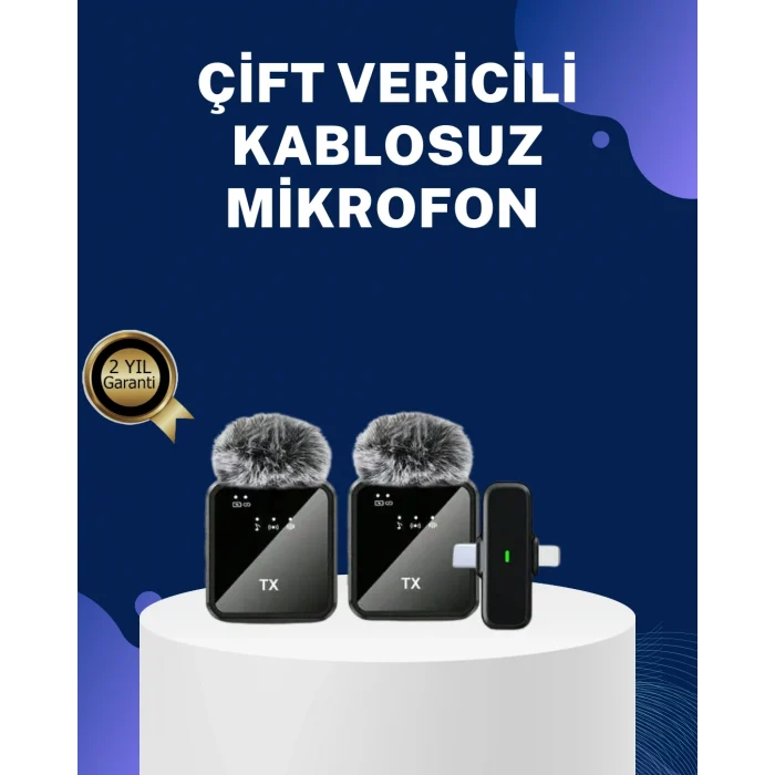 Mey İthalat® 2in1 Kablosuz Yaka Mikrofonu iOS ve Android Uyumlu