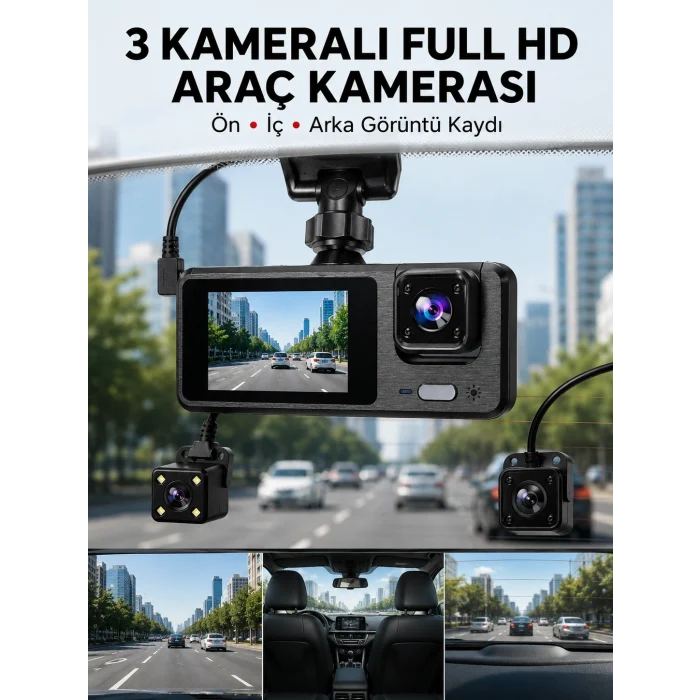 Mey İthalat® 3 Kanallı Araç DVR – Ön + İç + Arka Kamera ile Tam Kapsama, Yüksek Güvenlik Yeni Nesil