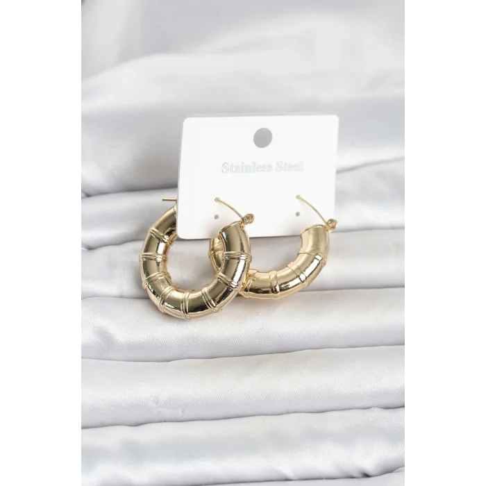 Mey İthalat® 316L Çelik Gold Renk Bambu Model Halka Kadın Küpe