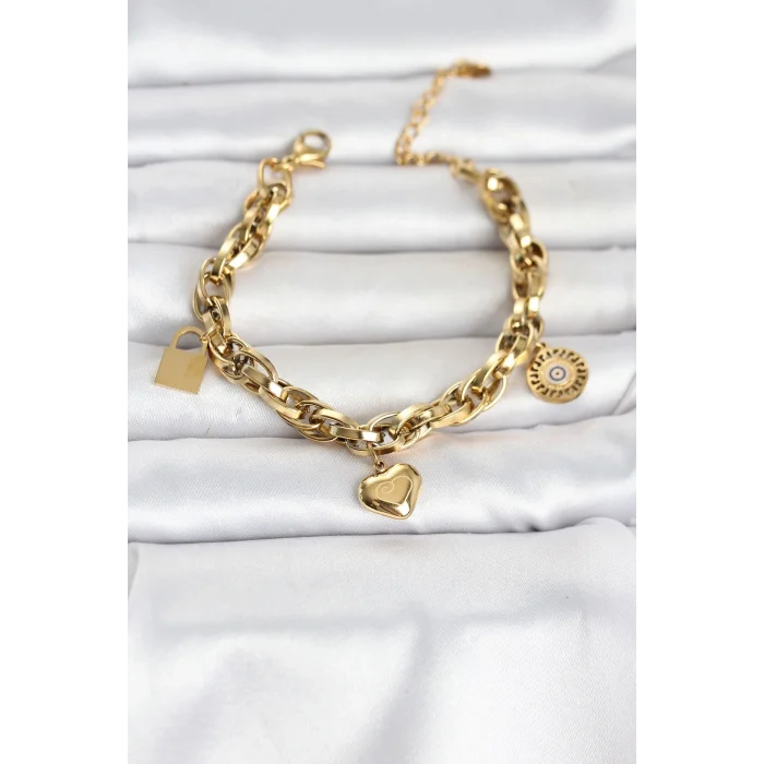 Mey İthalat® 316L Çelik Gold Renk Charmlı Kalın Burgu Model Kadın Bileklik