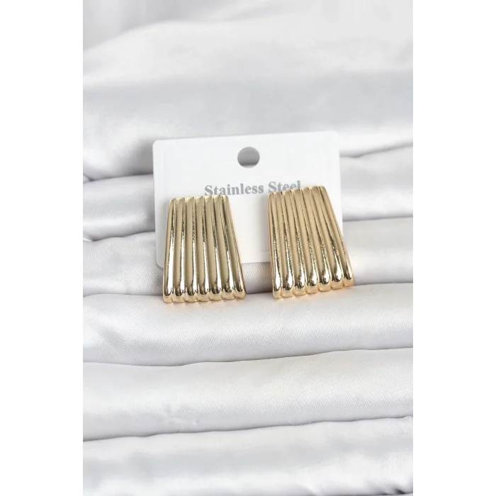 Mey İthalat® 316L Çelik Gold Renk Çizgili Plaka Model Kadın Küpe