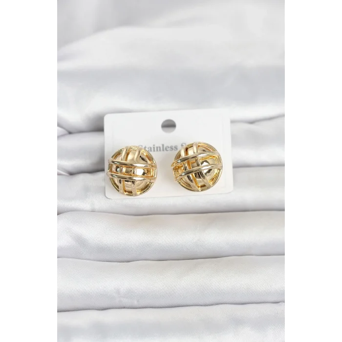 Mey İthalat® 316L Çelik Gold Renk Desenli Top Model Kadın Küpe