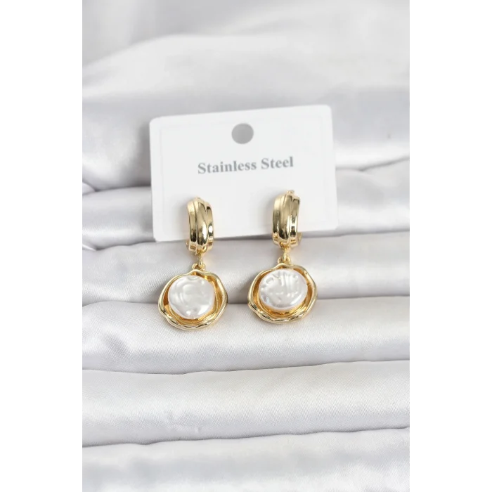 Mey İthalat® 316L Çelik Gold Renk İnci Detaylı Kadın Küpe