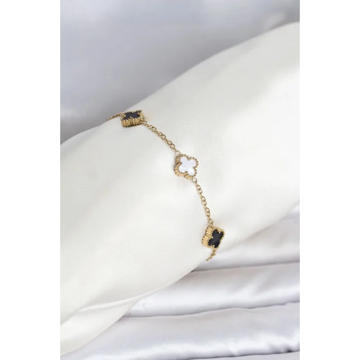 Mey İthalat® 316L Çelik Gold Renk Siyah Beyaz Baby Yonca Model Kadın Bileklik