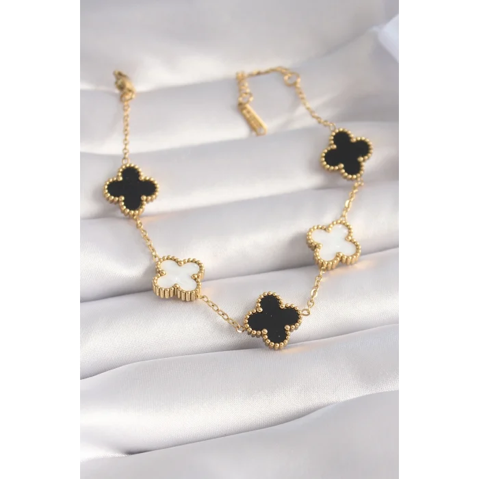 Mey İthalat® 316L Çelik Gold Renk Siyah Beyaz Yonca Model Kadın Bileklik