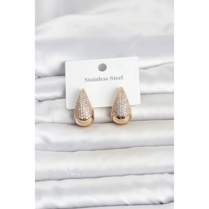 Mey İthalat® 316L Çelik Gold Renk Zirkon Taşlı Damla Model Kadın Küpe