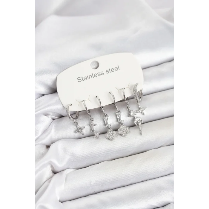 Mey İthalat® 316L Çelik Gümüş Renk Zirkon Taşlı Yonca Detaylı Kadın Küpe Seti