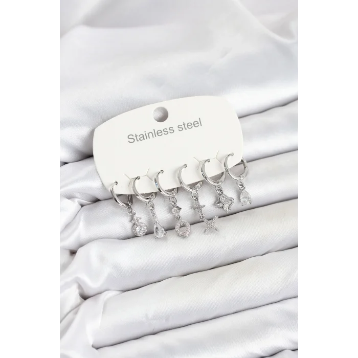 Mey İthalat® 316L Çelik Gümüş Renk Zirkon Taşlı Yonca Model Kadın Küpe Seti