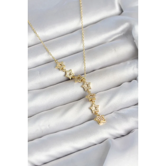 Mey İthalat® 316L Çelik Yıldız Model Gold Renk Zirkon Taşlı Kadın Kolye
