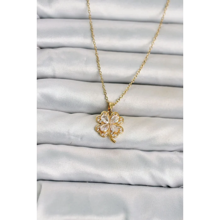 Mey İthalat® 316L Çelik Zincir Gold Renk 4 Yapraklı Yonca Model Kadın Kolye