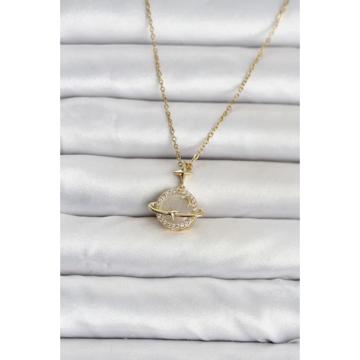 Mey İthalat® 316L Çelik Zincir Gold Renk Gezegen Model Kadın Kolye