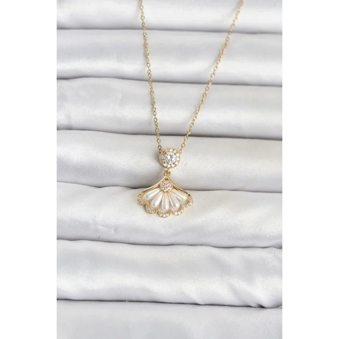 Mey İthalat® 316L Çelik Zincir Gold Renk Yelpaze Model Kadın Kolye