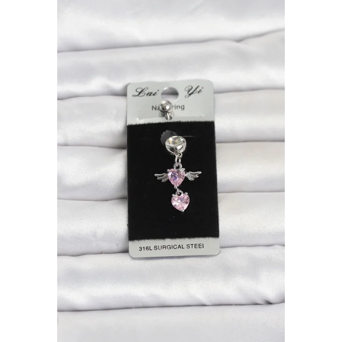 Mey İthalat® 316L Cerrahi Çelik Pembe Zirkon Taşlı Kanat Model Göbek Piercing