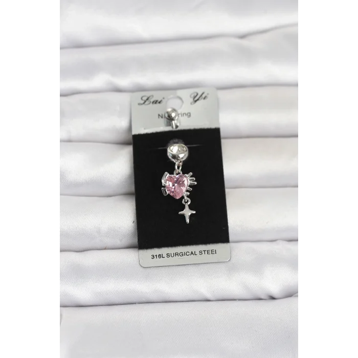 Mey İthalat® 316L Cerrahi Çelik Pembe Zirkon Taşlı Model Göbek Piercing