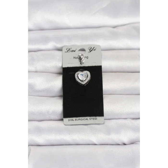 Mey İthalat® 316L Cerrahi Çelik Zirkon Taşlı Kalp Model Göbek Piercing